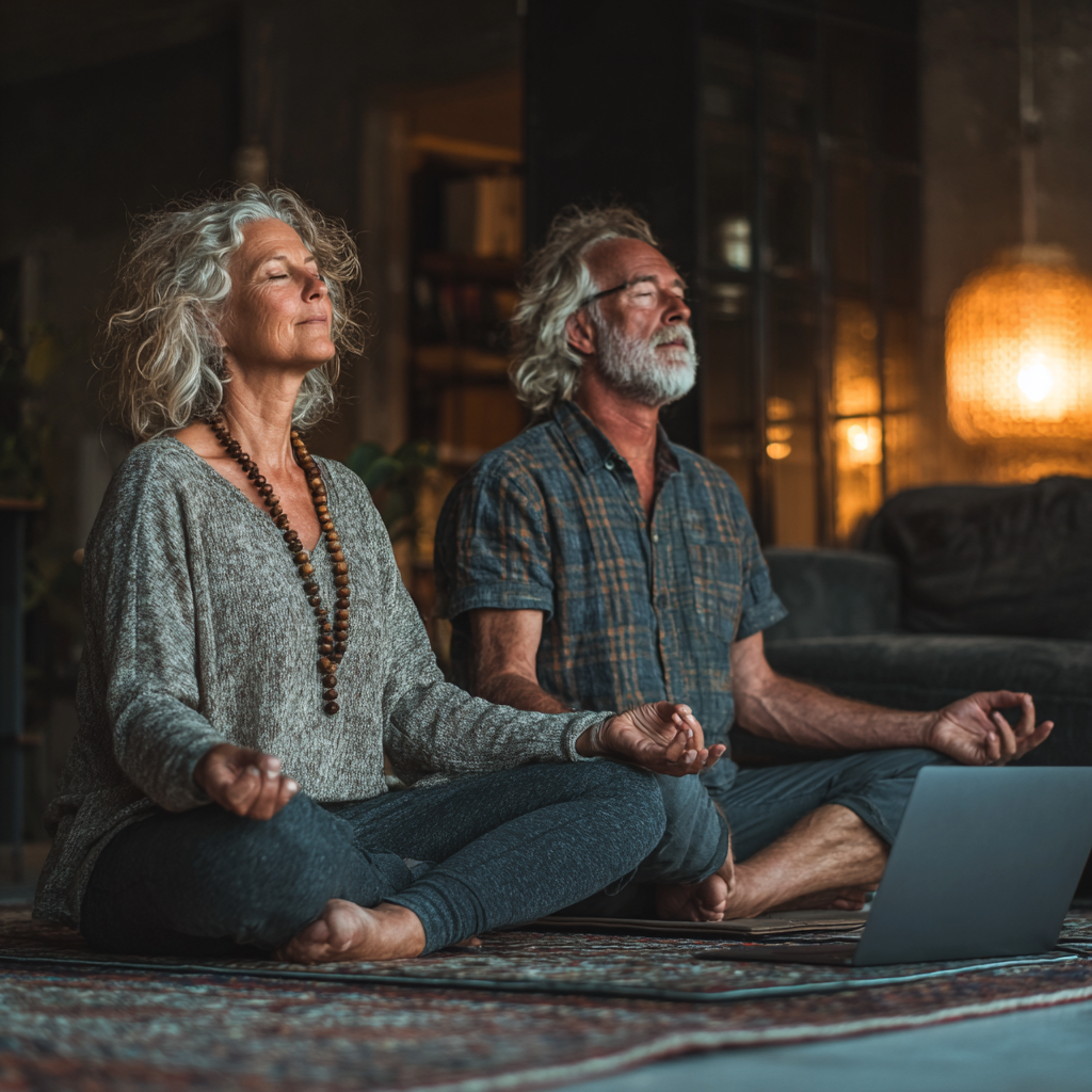 Cuplu de 55-60 ani practicând yoga împreună acasă, urmărind o lecție telbranik pe laptop, pe saltelele de yoga în living-ul lor confortabil