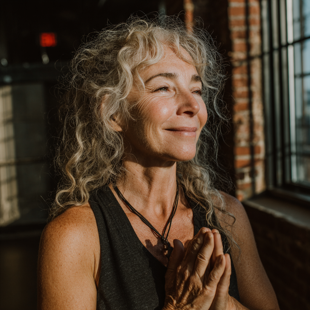 Femeie de 55 de ani practicând yoga în poziția copacului, zâmbind liniștit în studio-ul telbranik cu lumină naturală caldă