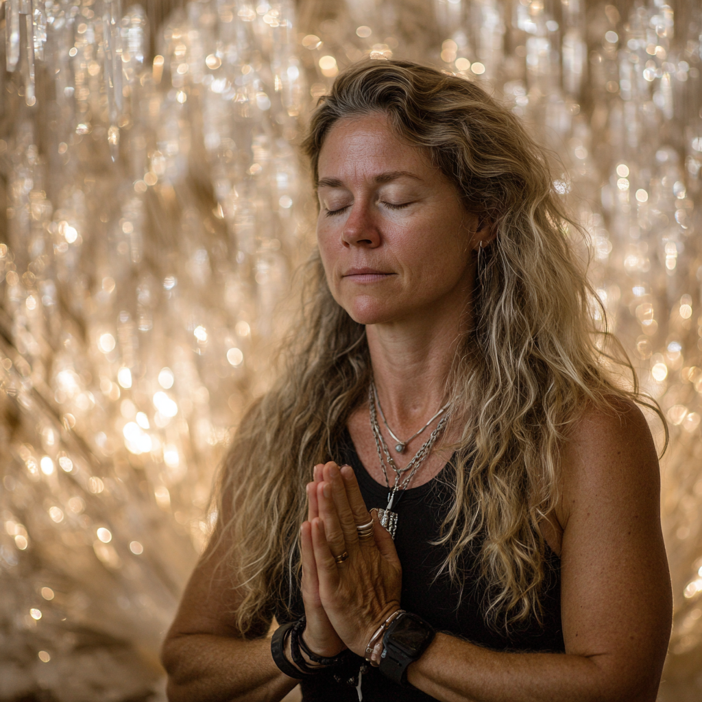 Femeie de 58 de ani meditând cu ochii închiși și mâinile în mudra, înconjurată de lumânări și cristale în spațiul de meditație telbranik
